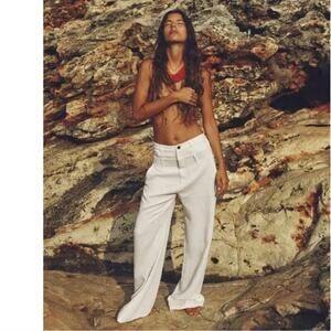 Zara Double Waistband linen blend off white ivory wide leg pants small